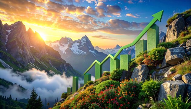 Green Arrow Ascending Over Mountain Landscape - Symbol of Growth and Success.