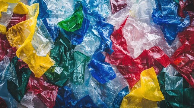 Crumbled Plastic Waste Pile: Colorful Mixed Plastic Debris Showing Recycling Challenges and Environmental Pollution Concerns.
