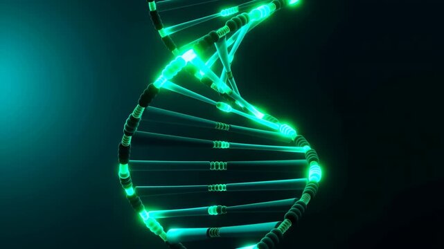 Glowing green DNA double helix slowly rotates against dark teal background, revealing luminous spiral strands, connecting bars, layered depth, and changing perspective