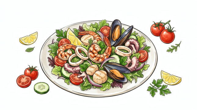 Delicious Gourmet Seafood Salad Plate Vector Illustration for Restaurant Menu and Food Design