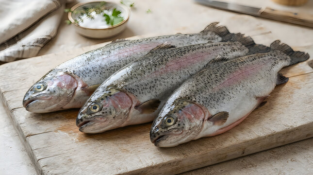 Three raw fresh trout fish on a wooden kitchen board illustration