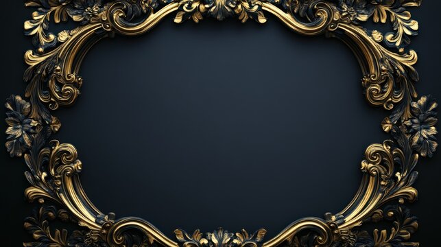 Ornate Gold and Dark Blue Baroque Picture Frame, Detailed Carved Floral Decorative Border, Elegant Royal Antique Backdrop.