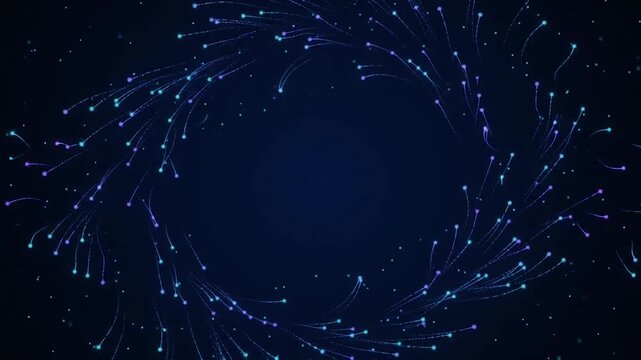 ネイビーブルーの空間を旋回する光粒子と流線のサイバーテクノロジー背景