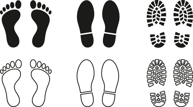 Black footprint icons and shoe print vector set, human barefoot silhouettes and boot sole marks, 6 pairs of walking track symbols for wayfinding