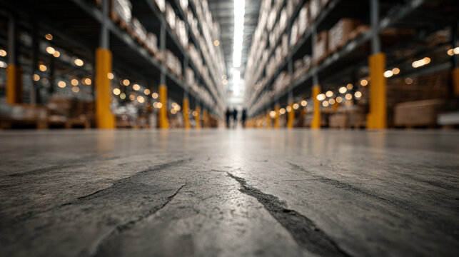 Low angle view of concrete floor in a modern fulfillment warehouse aisle with tall storage shelves and blurred bokeh lights.