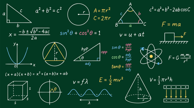 Dark green chalkboard with hand-drawn mathematical diagrams, geometric shapes, trigonometry formulas, physics equations including Pythagorean theorem, Newton's laws, and algebraic expressions for
