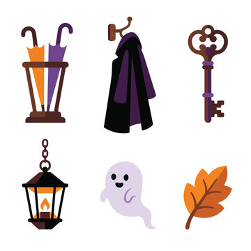 Halloween vector icon set with ghost vintage lantern autumn leaf cloak umbrellas and antique key on white background