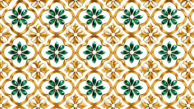 Seamless pattern of golden quatrefoil ornaments with emerald green gemstone flower accents