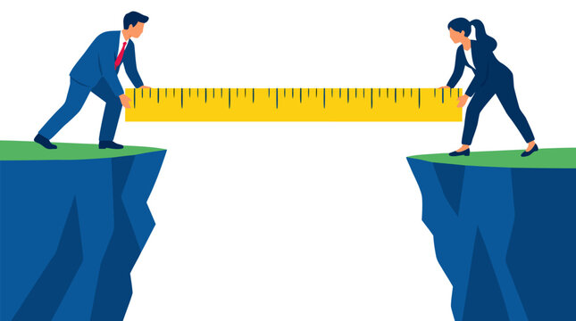 Professional man and woman in business suits standing on opposite cliffs measuring gap distance with giant yellow ruler, bold flat vector illustration of bridging business divide and connection