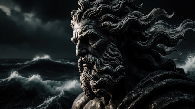 Ancient statue of a bearded man stands against stormy sea waves. Intense gaze looks forward, weathered stone texture shows hardship. Represents strength, solitude, and epic journeys.