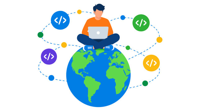 Flat vector illustration of a young male software developer sitting cross-legged on top of a large globe typing on an unbranded laptop with floating colorful coding symbols and connection lines