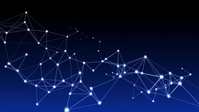 Glowing white nodes linked by thin lines expand into a denser polygonal network across a dark blue gradient background, spreading through the lower frame with layered geometric depth