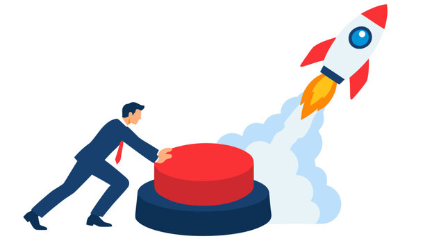 Businessman pushing giant red launch button with rocket soaring upward, startup concept vector illustration for entrepreneurship and new business venture success - detailed commercial stock imagery