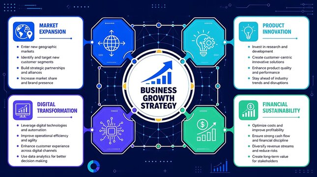 Modern dark-themed business growth strategy infographic featuring a central glowing circle with an upward arrow graph, connected to hexagonal nodes and four structured information blocks