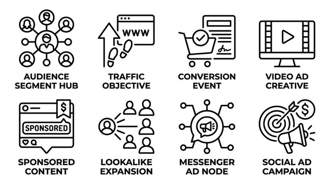 Set of digital marketing and social media advertising icons featuring audience segment hub traffic objective conversion event ad creative sponsored content lookalike expansion messenger ad node