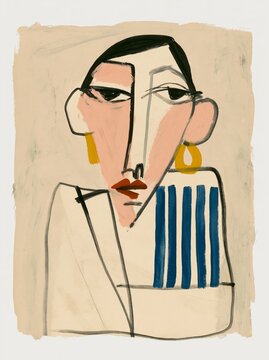 Abstract portrait of a person in cubist expressionist style with blue stripes