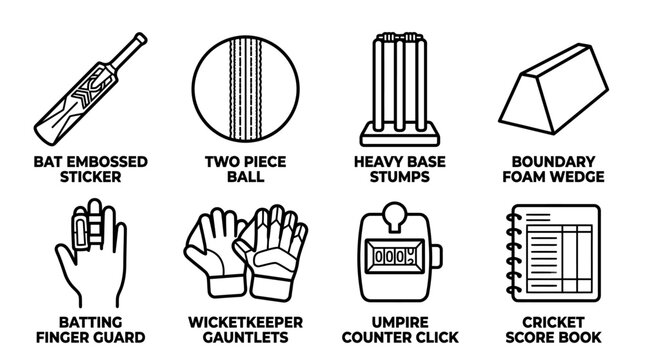 Professional cricket match equipment and accessories icons set with equipment scorebook wicketkeeper gauntlets boundary professional training collection illustration recreation practice