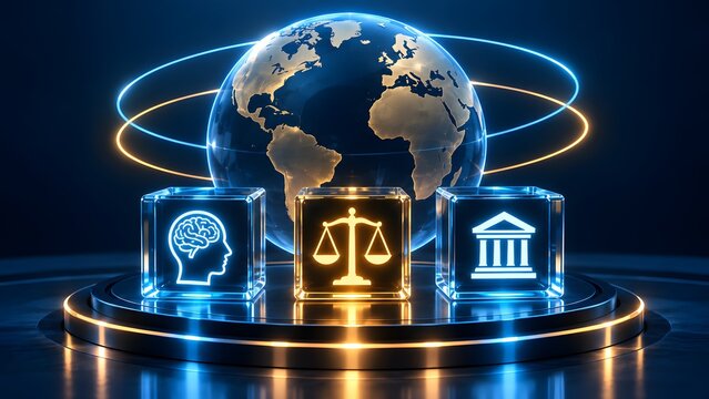 Glowing digital earth globe with glass cubes displaying artificial intelligence bank and scales of justice representing international cyber law