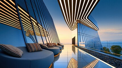 Obraz premium Modern Luxury Rooftop Terrace with Sleek Lounge Seating and Futuristic Architecture at Sunset