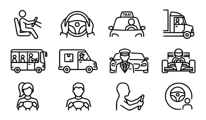 Obraz premium Set of black and white linear icons representing various types of drivers and transportation vehicle operators