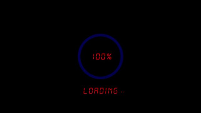 Digital loading progress bar showing 100 percent completion digital display