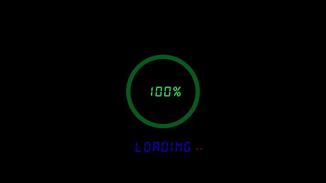 Digital loading progress bar showing 100 percent completion digital display