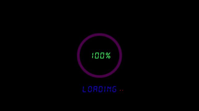 Digital loading progress bar showing 100 percent completion digital display