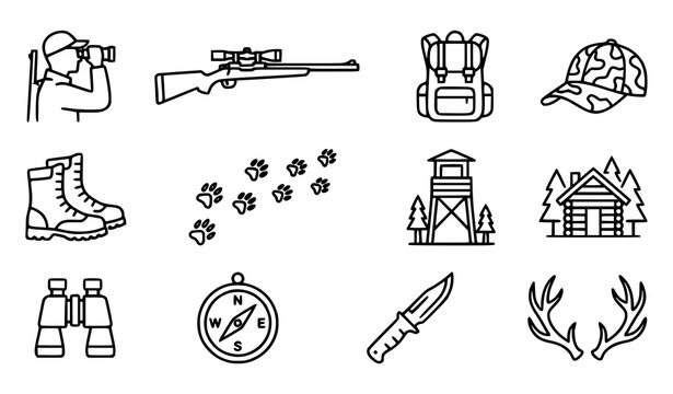 Set of hunting and outdoor adventure icons featuring equipment wildlife tracks and wilderness exploration gear symbols