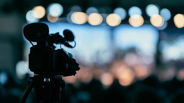 Videographer filming with camera on blurred backdrop
