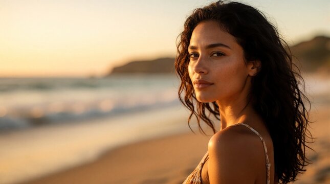 Beautiful brunette woman looks over shoulder at sandy beach. Young female model poses during golden hour sunset by ocean waves. Warm sunlight glows on skin, hair. Serene summer vacation lifestyle