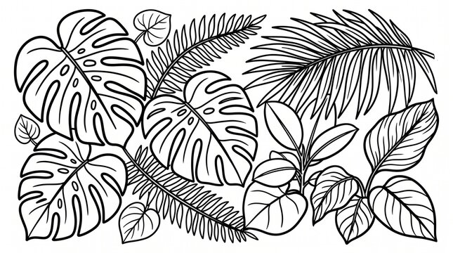 Detailed vintage style botanical illustration of lush monstera leaves and tropical foliage in a black and white engraving