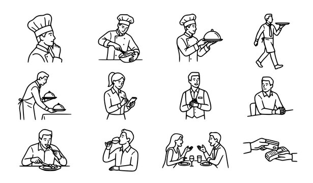 Set of restaurant service icons featuring chefs waiters and customers dining in a professional food service environment
