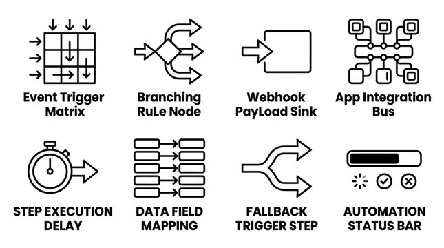 Collection of eight technical iconography elements for data processing and automation with automation processing integration branching execution fallback workflow software development
