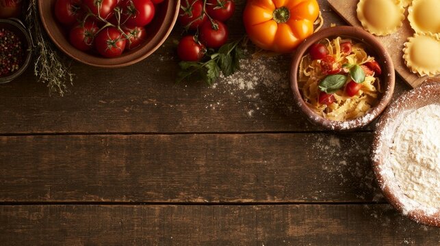 Fresh pasta, vegetables, and herbs prepared for cooking on dark wood.