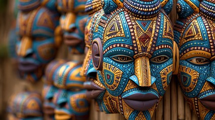 Fototapeta premium Vibrant Handcrafted Tribal Masks Displayed in a Row, Showcasing Intricate Patterns and Cultural Artistry