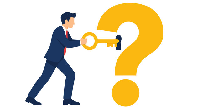 Professional businessman in suit inserting golden key into large yellow question mark symbol, problem solving concept, finding answers and solutions, flat minimalist vector illustration on clean