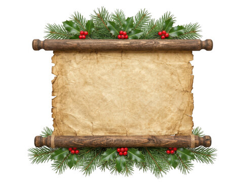 Vintage scroll with pine branches and holly berries on transparent