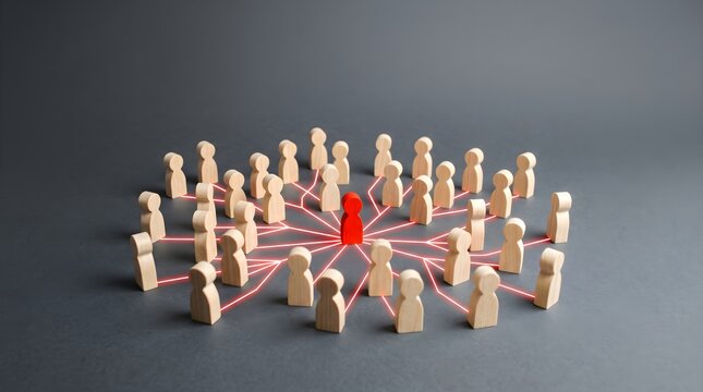 Red figurine in center with many people connected by lines.