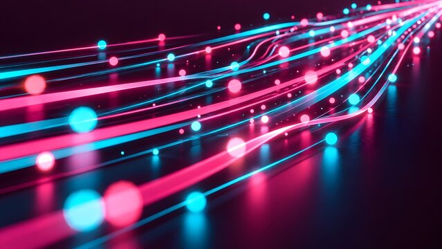 Glowing neon fiber optic data streams moving rapidly across a dark reflective background representing high speed digital information transfer and futuristic telecommunications