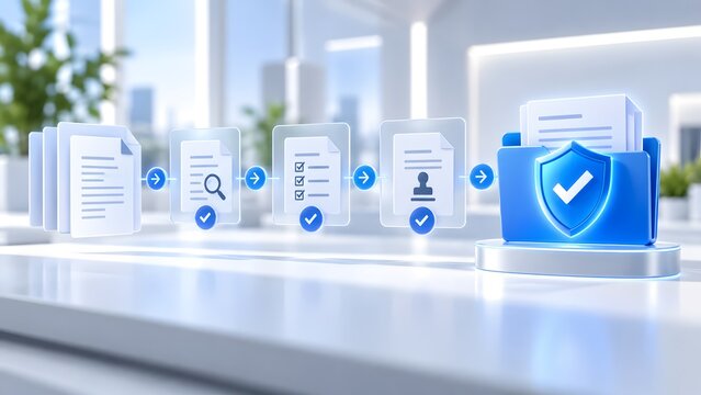 Automated digital document workflow displaying transparent files passing through verification stages into a secure blue shield folder for safe corporate data management