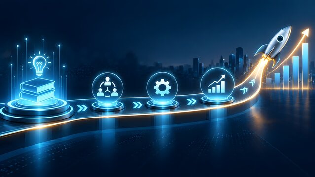 Glowing digital roadmap timeline displaying business startup progression from initial idea and teamwork development to successful rocket launch growth