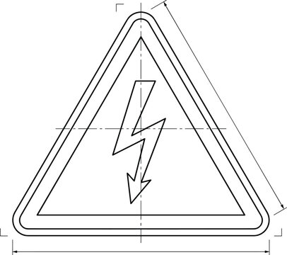 Triangular electrical hazard warning sign with lightning bolt technical drawing