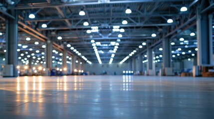 Obraz premium Spacious, brightly lit industrial warehouse interior with polished concrete floor and overhead lighting