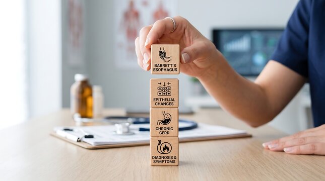 Medical professional stacking wooden blocks showing concepts of Barretts esophagus and chronic gerd diagnosis