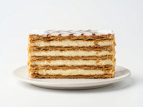 A delicious mille-feuille pastry with layers of cream and puff pastry on a white plate.