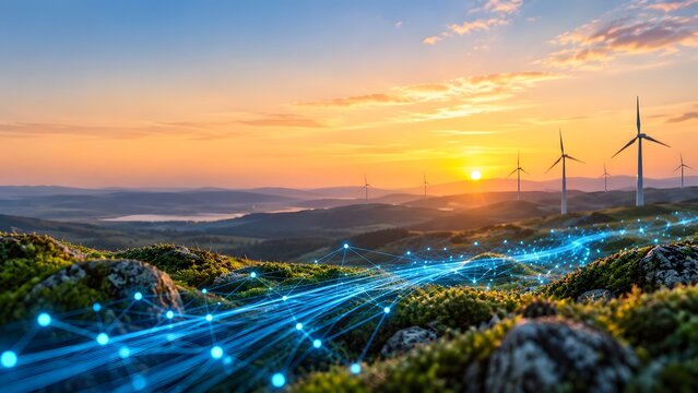 Sustainable energy ecosystem visualizing glowing digital network grid flowing across green rocky landscape towards modern wind turbines at sunrise