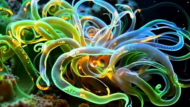 Vibrant Bioluminescent Sea Anemone Underwater Coral Reef Marine Life Movement