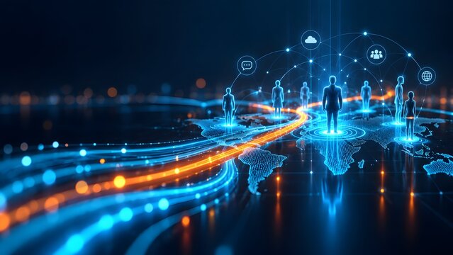 Global digital business network visualizing interconnected human silhouettes across glowing fiber optic world map representing international corporate communication