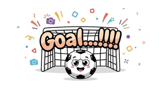 Cute cartoon soccer ball scoring a goal with net and Goal text animation on white background