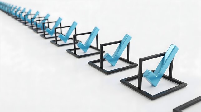 Row of blue check marks in black frames on white background.